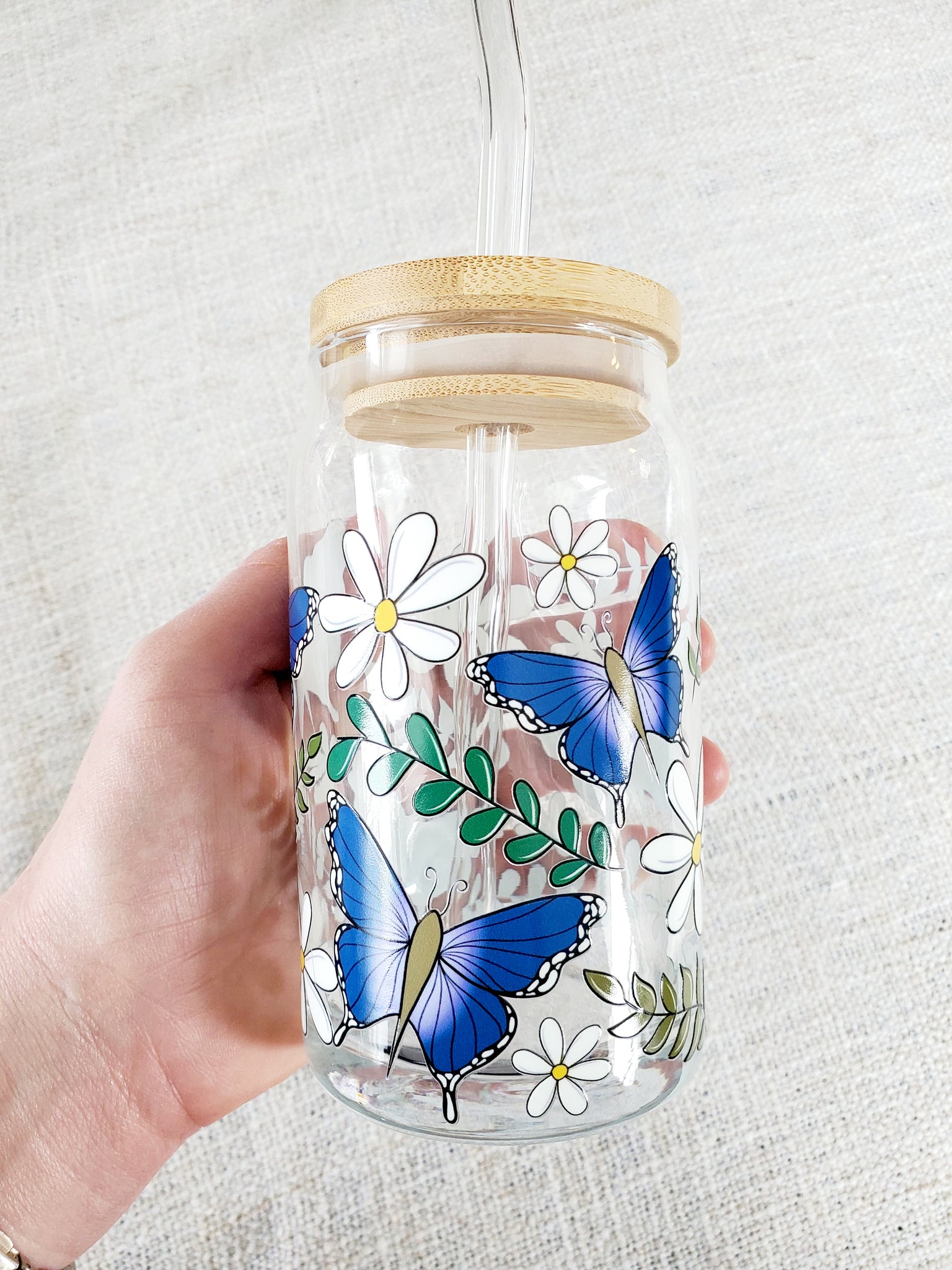 16oz Butterfly and Flower Glass Can