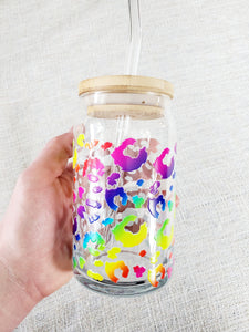 16oz Rainbow Leopard Glass Can