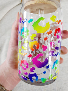 16oz Rainbow Leopard Glass Can