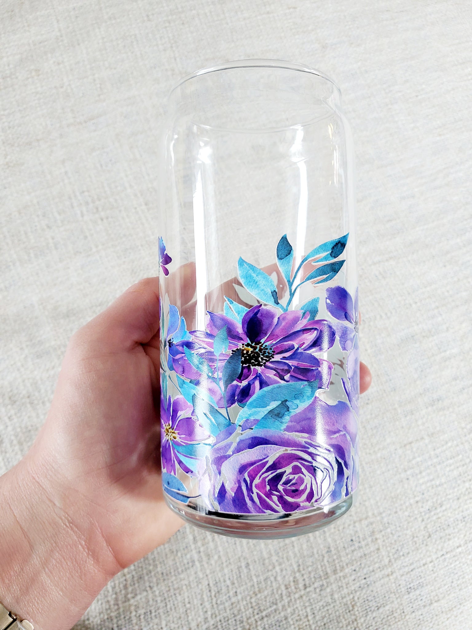 20oz Purple Watercolor Flowers Glass Can