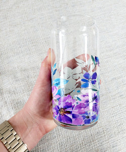 20oz Purple Watercolor Flowers Glass Can