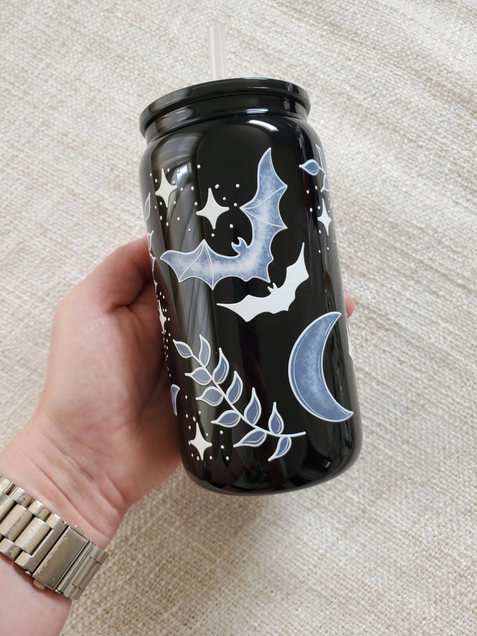 16oz Spooky Bats - Black Glass Can