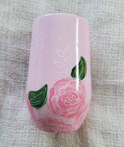 Pink Hand Painted Flowers - Wine Tumbler 17oz